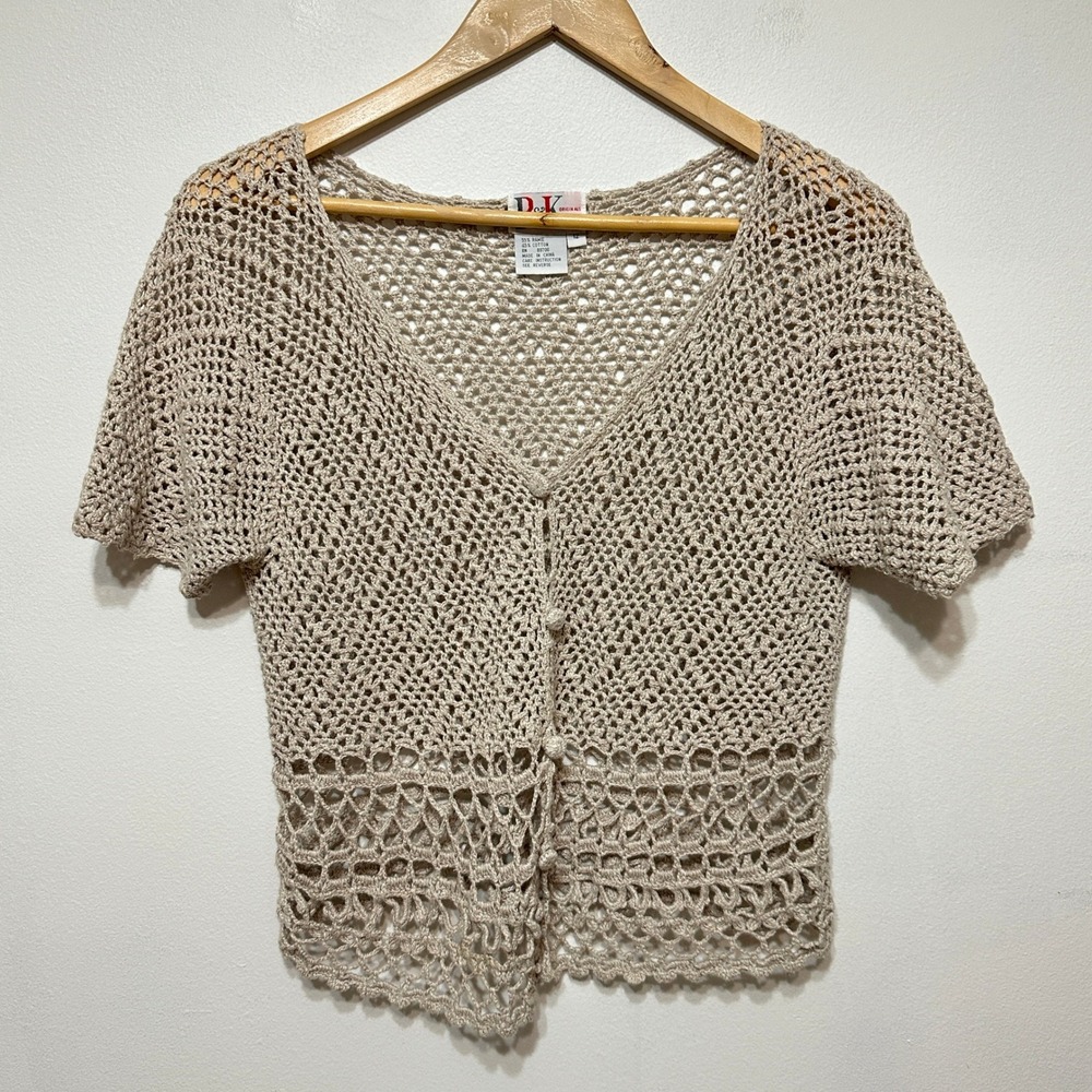 Vintage R&K Originals Crochet Knit Cardigan Womens 12 Ramie Cotton Short Sleeve